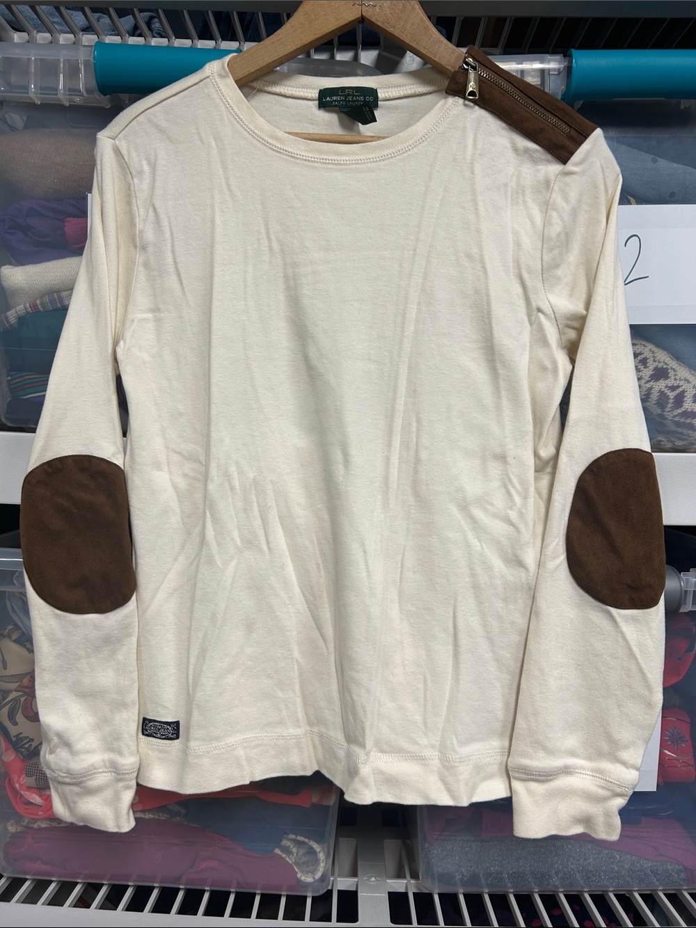Ralph Lauren Cream Long Sleeve Tee with Brown Elbow Patches & Shoulder Zip